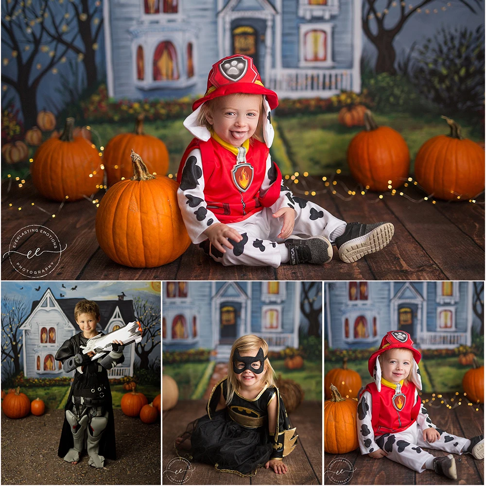 Trick or Treat Halloween Photo Background Crayon Drawing House Photo Studio Props Kids Portrait Cake Smash Photography Backdrop