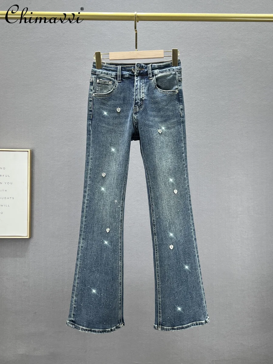 

Rhinestone Denim Bootcut Trousers Women's 2024 New Autumn High Waist Slim Fit Streetwear European Stretch Jeans Denim Pants