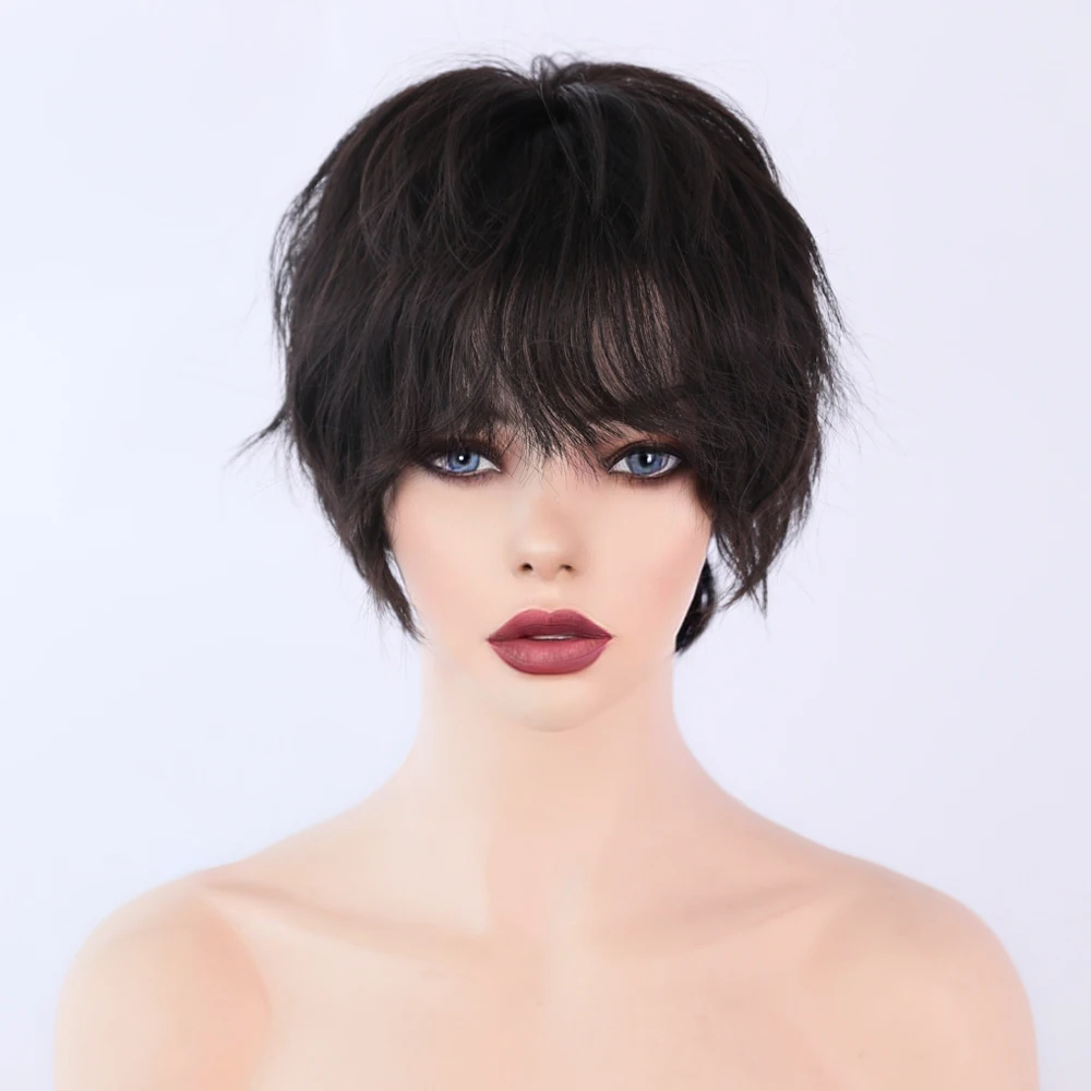 Neuter Style Black Short Hair Women Wig with Bangs Cool Girls Heat Resistant Synthetic Wig Fringe Party Daily Use Fake Hair