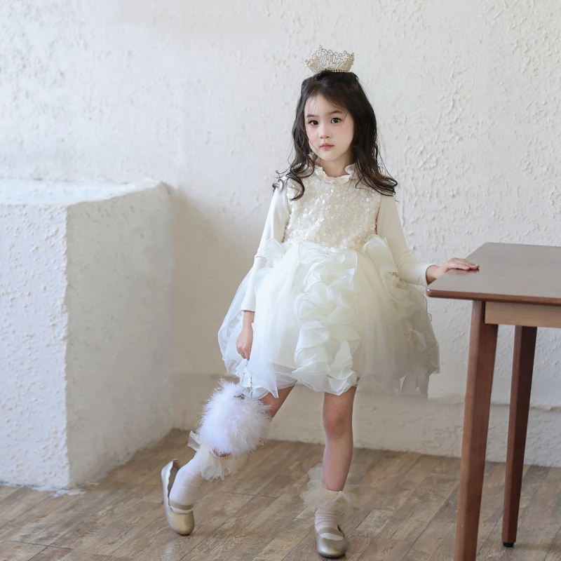 2026 New Design Sense Girls' Base Shirt and Sequin Splicing Mesh Skirt Fashionable Solid Color Dress