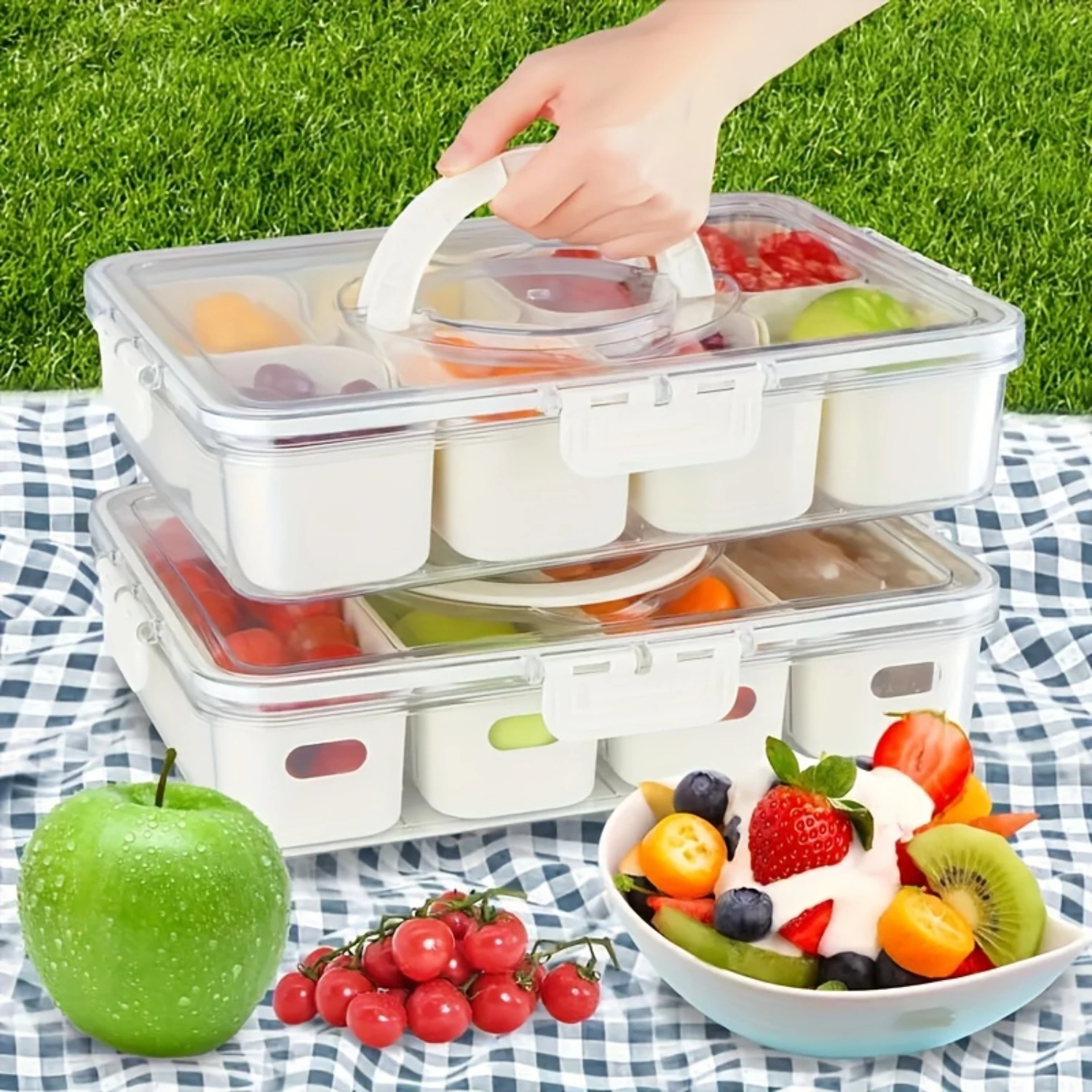 Stackable Plastic Food  Box with Handles  8 Removable Mini Containers for Snacks, Salads, and Candy - Hand Washable, Reusable, a