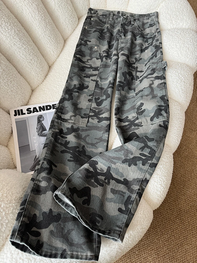 

Retro American Camouflage Denim Pants Men's Loose Straight Leg Workwear Trousers Autumn Season Casual Sle mid Waist Jeans