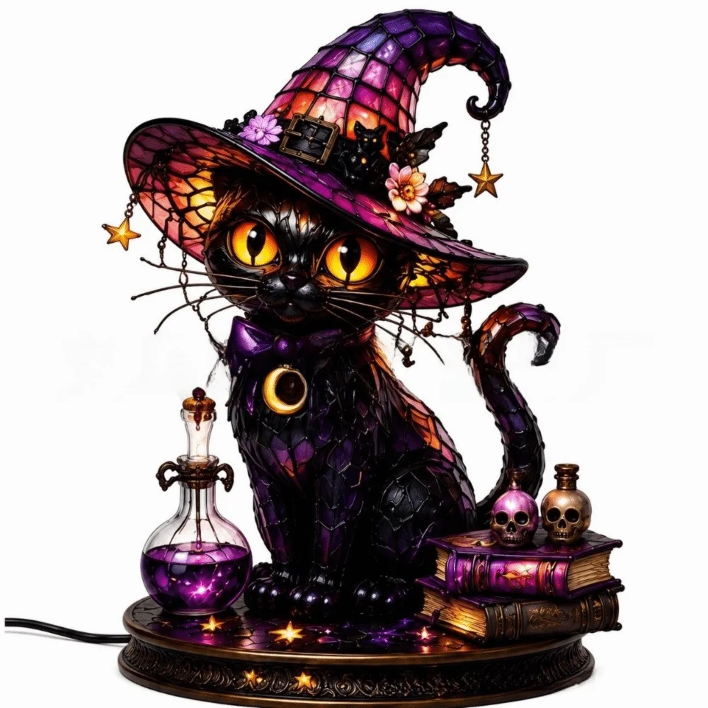 Ozdoby do domu Kot Ptak Halloween Lampa Dekoracja Domu Gotyckie Lampki na Biurko Akrylowa Kolorowa Lampa z Kapeluszem Wiedźmy Lampka Nocna — 2