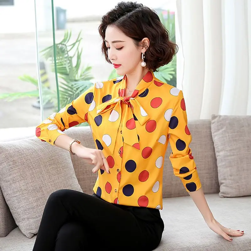 

Vintage Printed Lace Up Bow Polka Dot Shirt Women's Clothing 2023 Autumn Winter New Loose Casual Tops Office Lady Blouse