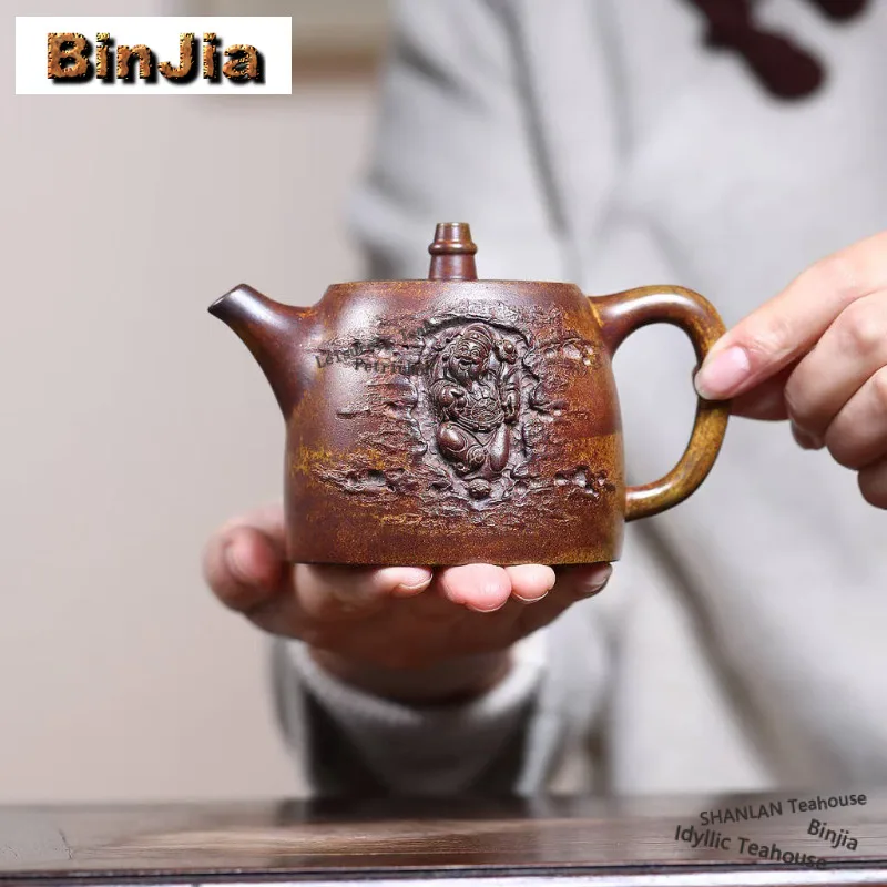 

280ml Authentic Yixing Purple Clay Teapots Handmade Han Duo Pot Raw Ore the keel Gold sand Kettle with Strainer Zisha Tea Set
