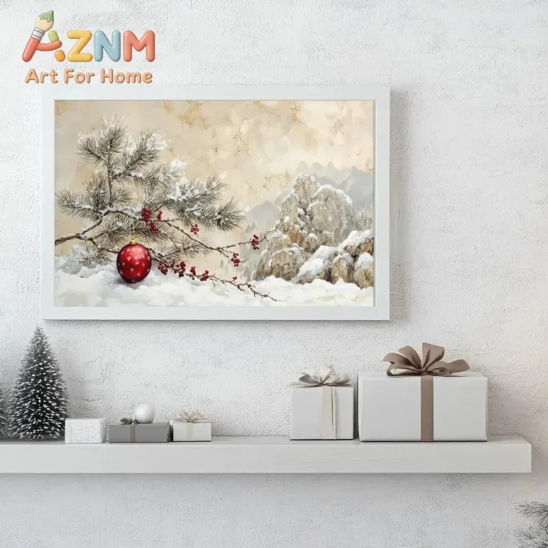 AZNM Vintage Winter Christmas Canvas Wall Art Snow Pine Branch Red Bauble Mountain Scenery Neutral Festive Home Decor Unframed C