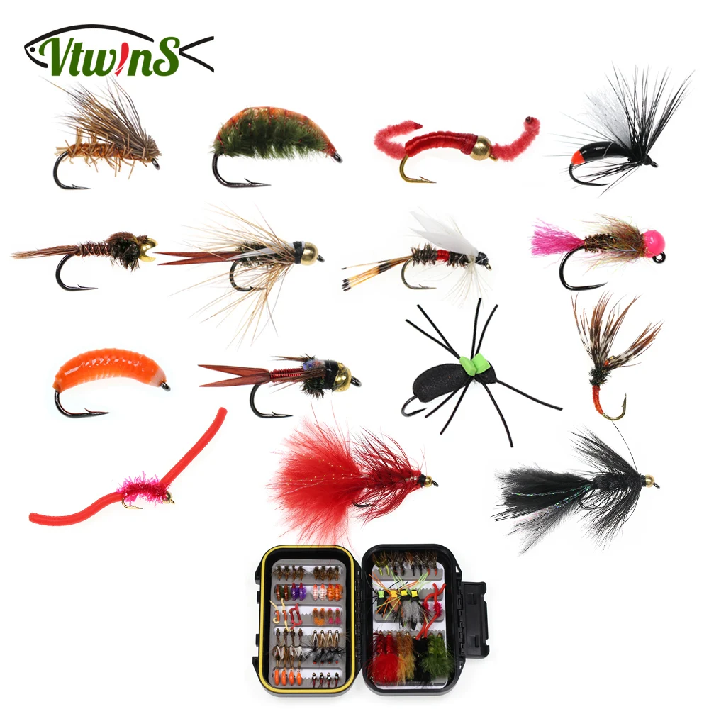 Vtwins Fly Fishing Flies Kit 70pcs Fishing Lures Dry Wet Flies Streamer Worm Nymph Fishing Fly Waterproof  Fly Box Trout Lure