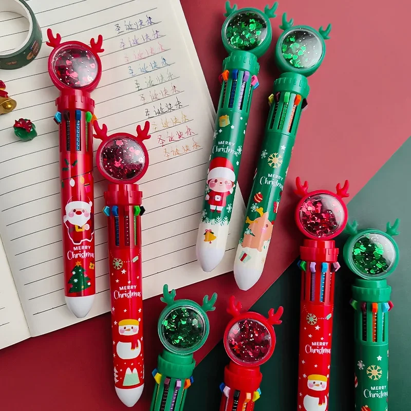 

30 Pcs Christmas Ballpoint Pens Student Pressed Colorful Ten in One Santa Claus Pressed Ballpoint Pen 0.5mm Wholesale Christmas