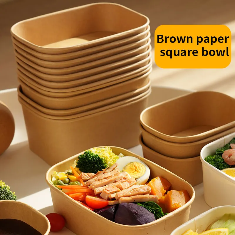 25pcs/set Disposable Lunch Box Kraft Paper Square Lunch Box Fast Food Packing Boxes Paper Bowls With Lid Household Bento Boxes