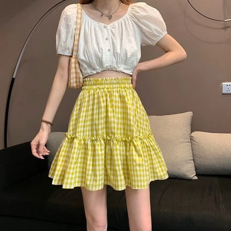 

Summer Loose Plaid Printing Preppy Style Women's Clothing Ladies Elastic Waist Sweet A-line Skirt New Fashion Casual Mini Dress