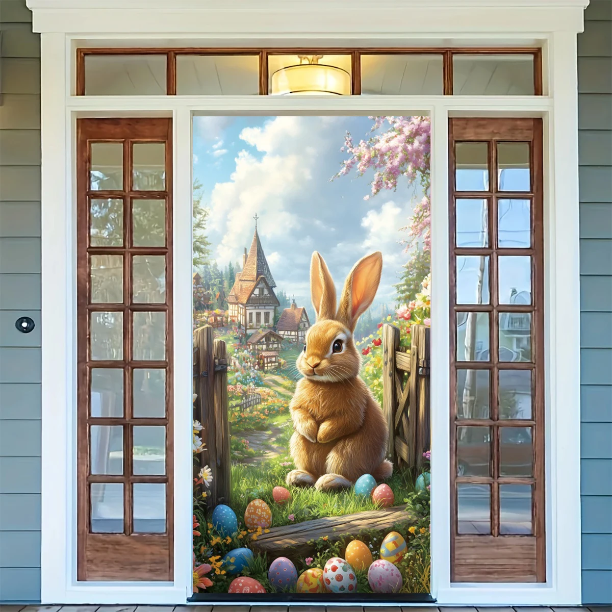 Bannière de couverture de porte de lapin de Pâques joyeux printemps, rideau de porte de fond, décor de face, festival, fête, décoration de porche