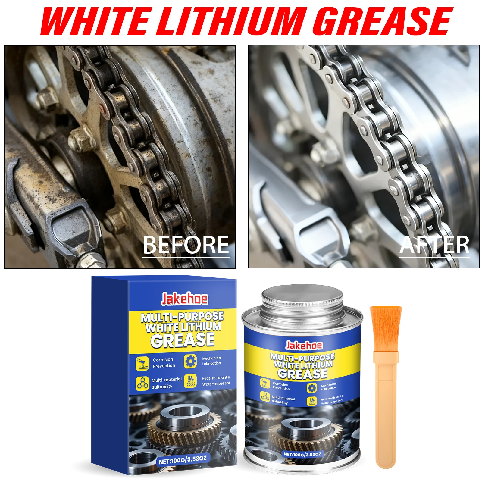 White Lithium Grease Lubricant With Brush Waterproof Anti Rust Noise For Garage Door Hinges Automotive Bike Chain Hardware Tool
