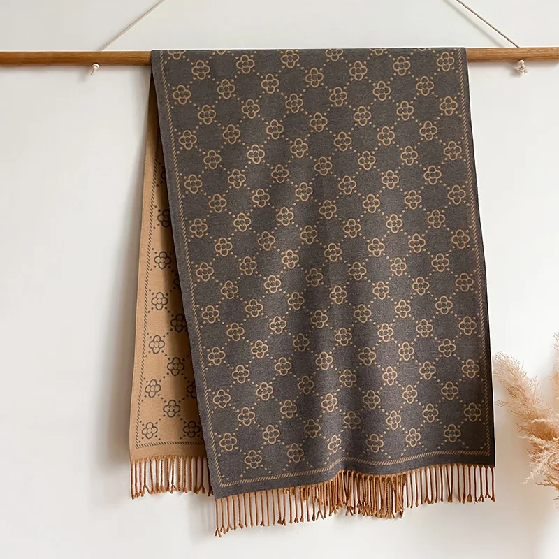 Marken-Jacquard-Design, zweiseitiger Winterschal, Kaschmir, weich, warm, lange Fransen, Pashmina-Schal, kältebeständig, winddicht, Deckenschal – Detail 11