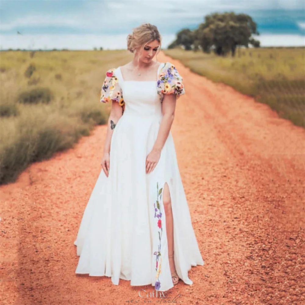 

Cathy White Short Puffy Sleeves Floral Prom Dress Square Neck Side Split vestidos de noiva Customized A-line Floor-length Formal