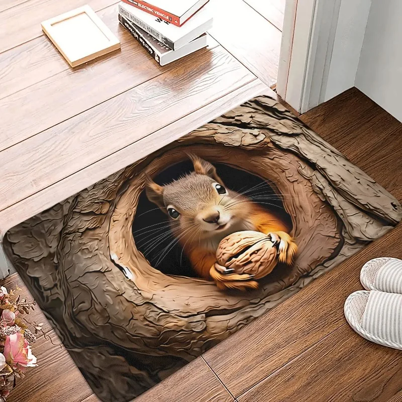 3D Squirrel Door Mat with Tree Hole Design Non-slip Entrance