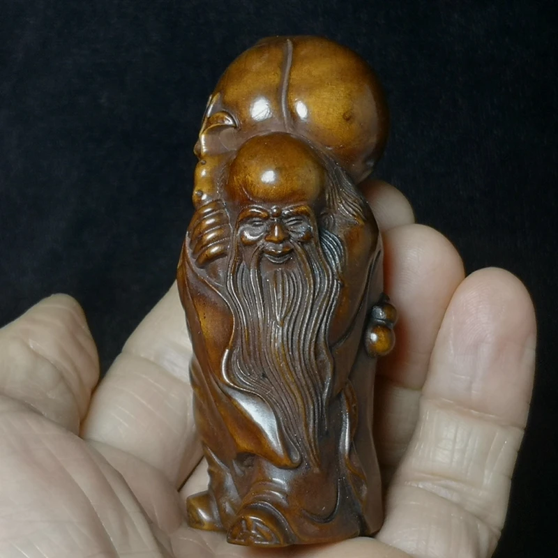 YIZHU CULTUER ART Size 3 Inch Old Chinese boxwood hand carved Peach god of longevity statue table decoration collection Gift