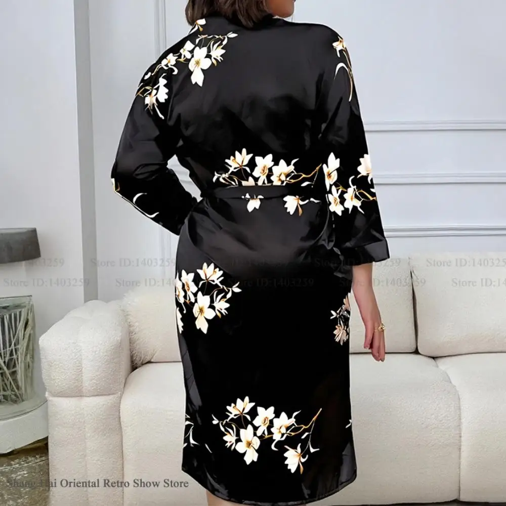 Vestido de talla grande 3XL 4XL 5XL para mujer, bata de baño tipo kimono con estampado de flores negras, ropa de dormir de satén para primavera, camisón informal para el hogar