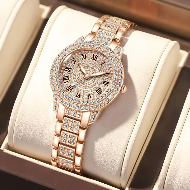 Diamond Roman Pattern Women Quartz Watch Jewelry Trendy Elegant Lady Casual Timepiece Female Wristwatch Girl Gifts