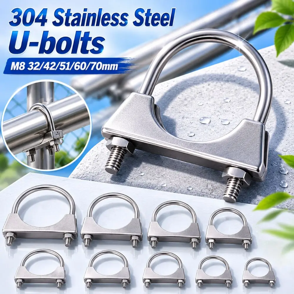 304 Stainless Steel Round Tube Steel Pipe Fastener M8 32/42/51/60/70mm Heavy Duty U-bolts Sturdy Durable Clip-on Pipe Clamp