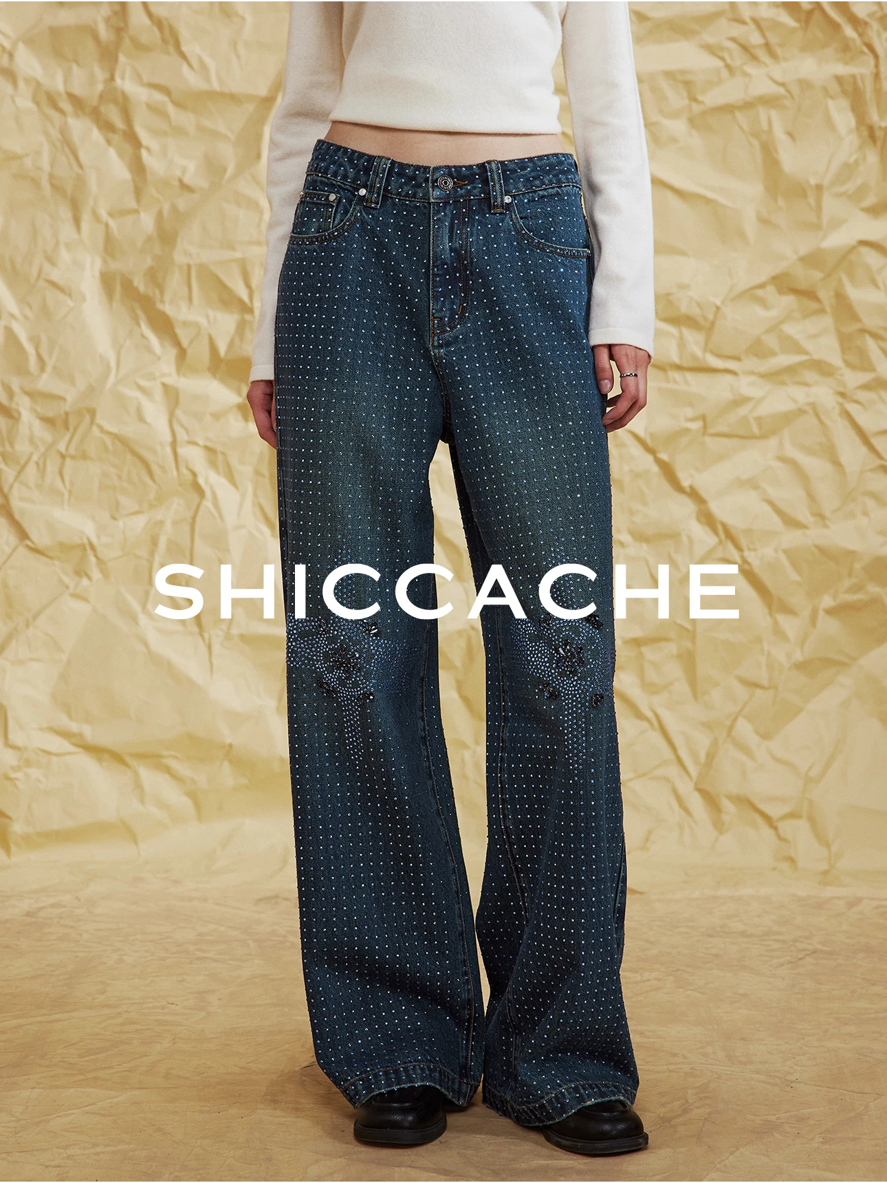 

Зимние джинсы Sle со стразами, гонконгские джинсы Sle, винтажные прямые брюки с открытой талией, полиэстер F...