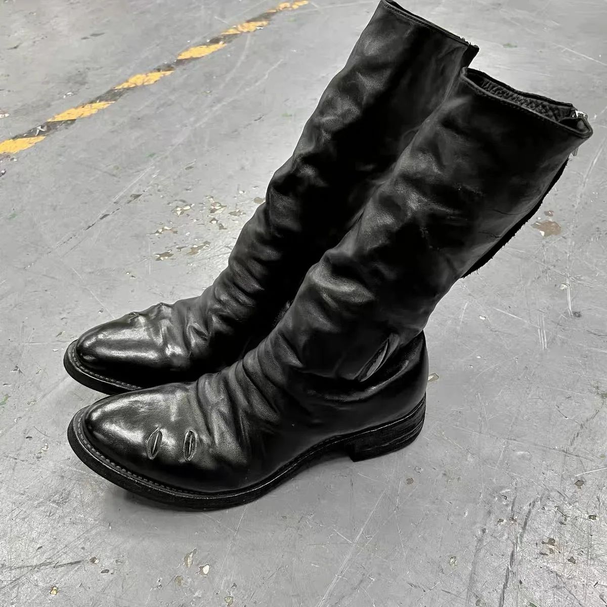 Washed out Dark Pioneer Hand Sewn Titanium Block  Leather Rotation Zipper Chelsea Boots Sharp Toe High Top Fashion Boots