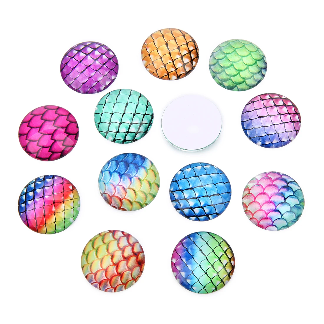 10pcs Colored fish scale Glass Flat back Round Cabochon Cameo Rings Pendants Base Tray For Jewelry Making 10/12/14/18/20/25mm