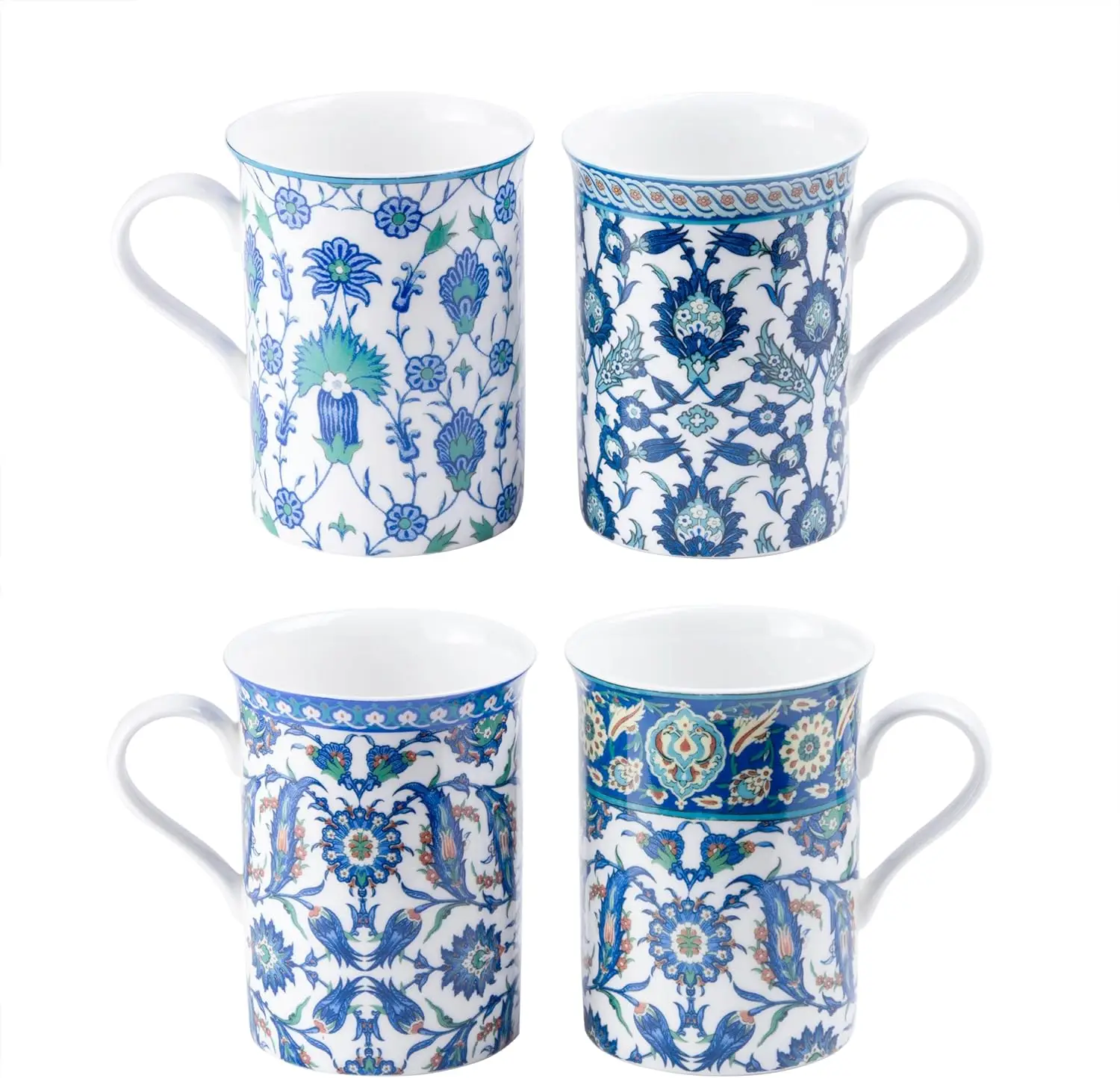 

Elegant Bone China Coffee Tea Mugs, 9-Ounce Set of 4 Assorted Blue Mediterranean Design