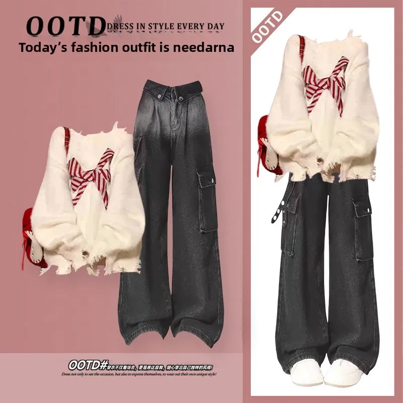 

Китайский новогодний наряд. Новый вязаный комплект 2025 года с красной галстуком-бабочкой. Длинный светер V-Ne и джинсы с высокой талией adient, состоящие из двух предметов.