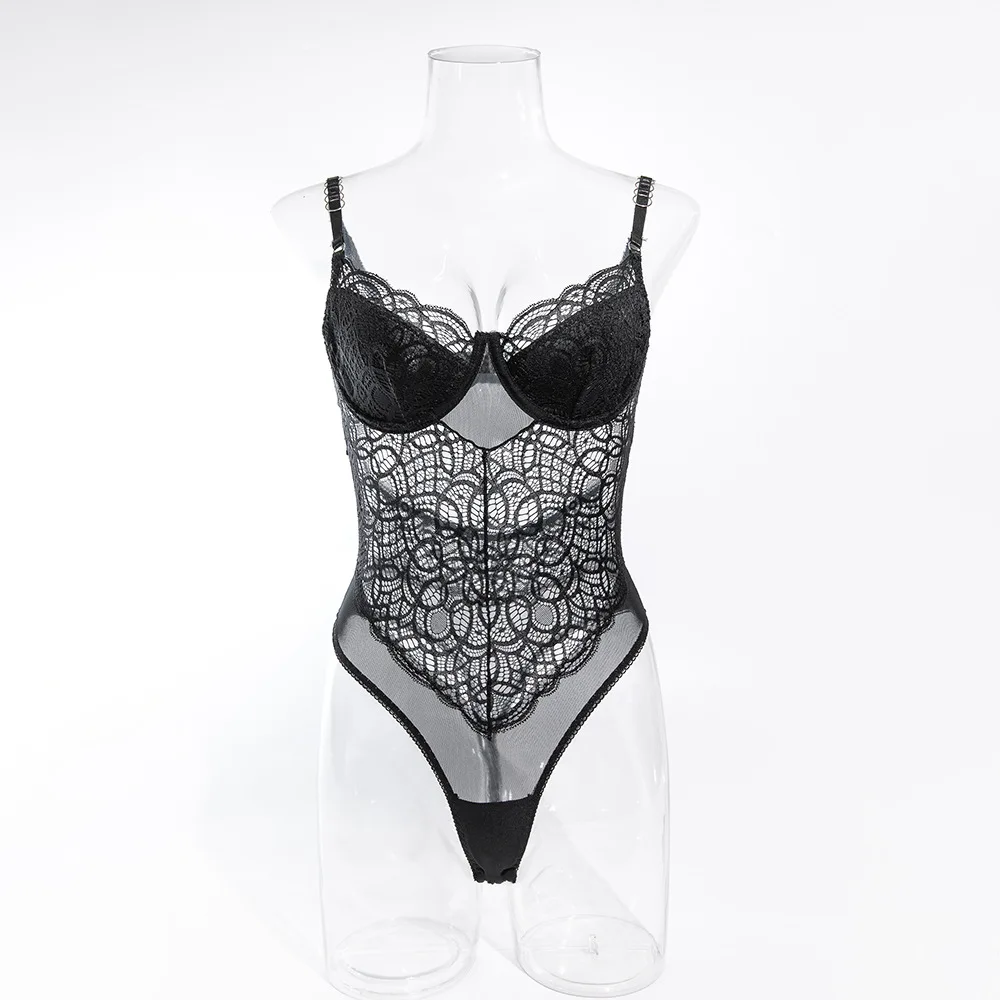 

Women Semi Transparent Lingerien Sexy Costume Baby doll Black Body Tights One Pieces Lace Bodysuit