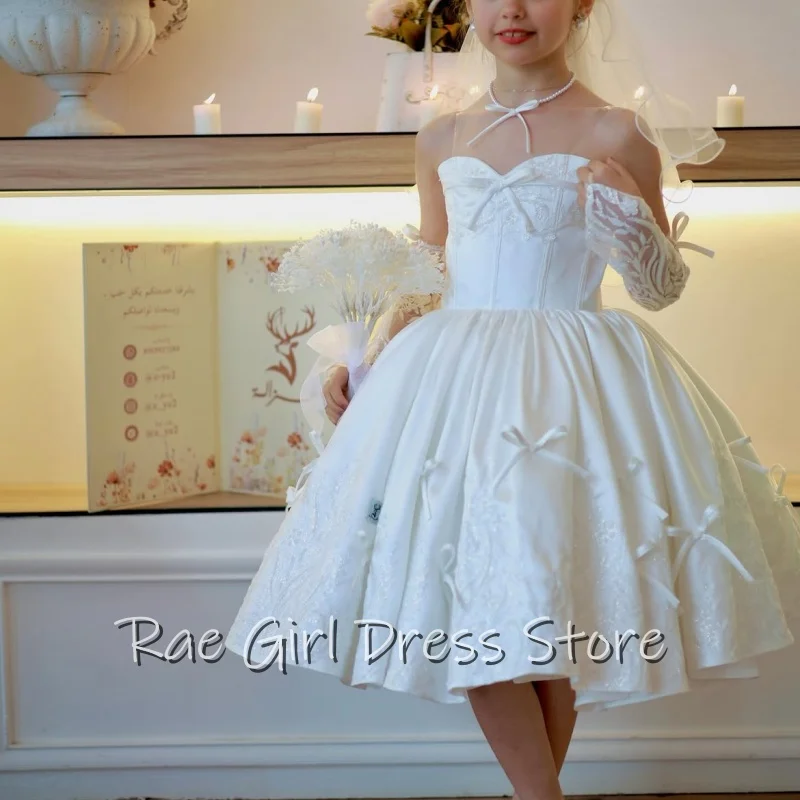 Elegant Flower Girl Dress For Wedding Birthday First Communion Puffy Satin Lace Bow Sleeves Kids Pageant Formal Gowns Customized