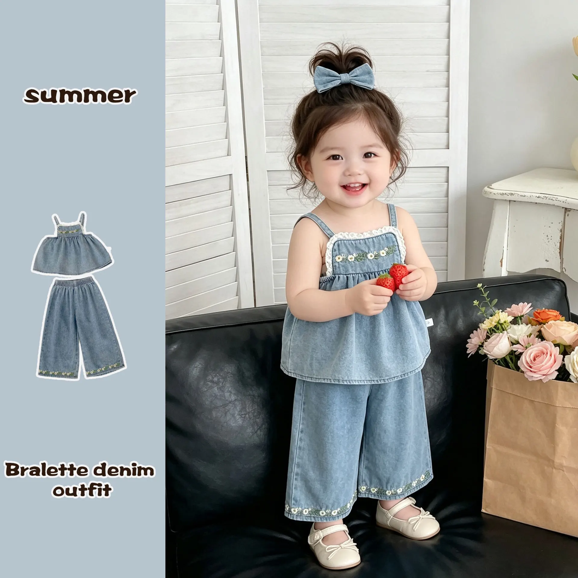 2026 Girls' Summer Set Fashionable Western Style Flower Embroidery Small Strap Top Lightweight Wide Leg Pants Two Piece Set
