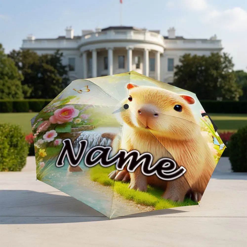 Custom Name Umbrella Capybara Flower Butterfly Garden Stream Scenery Print Folding Umbrella Compact Portable Travel Parasol