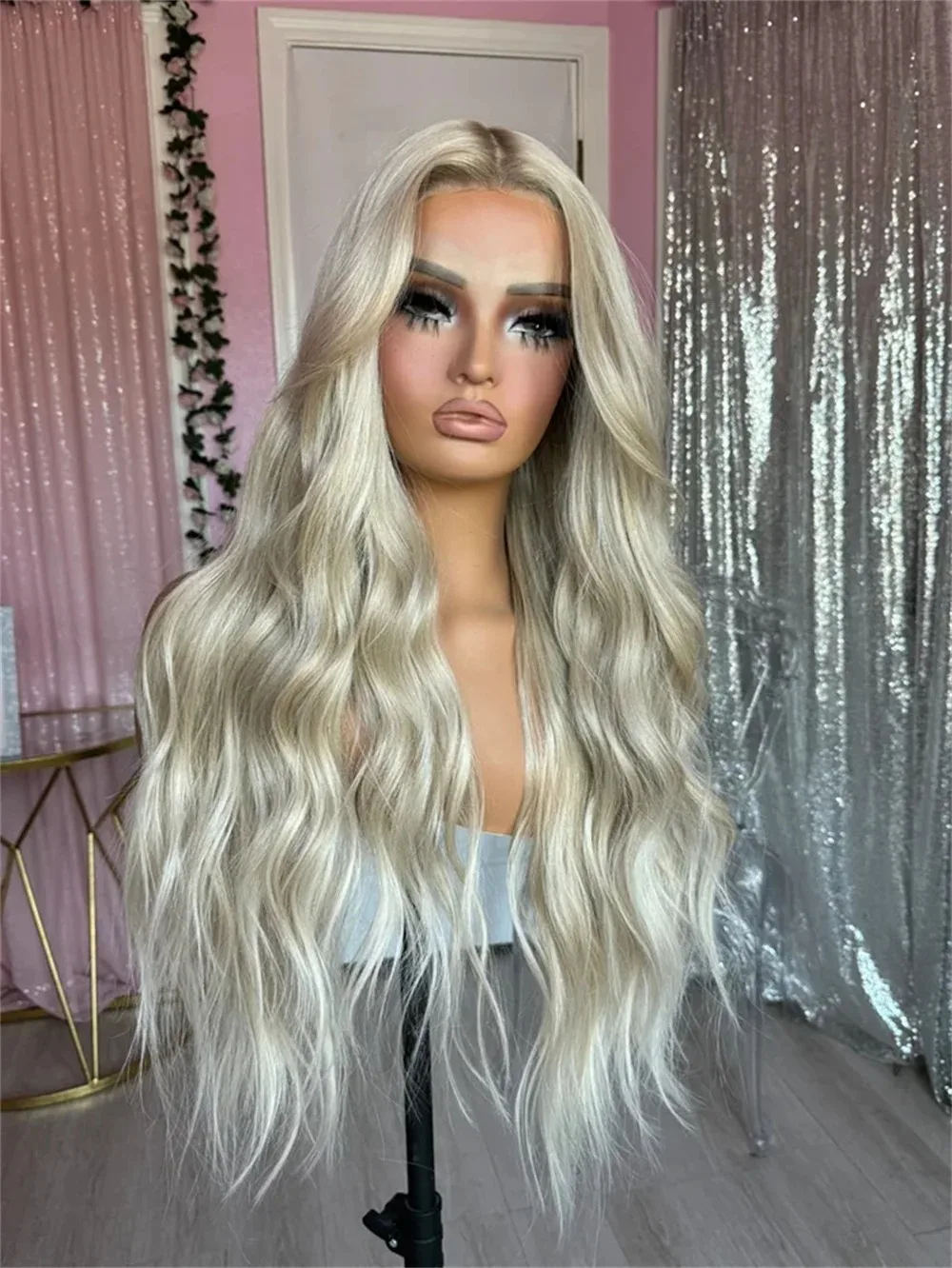 

Ombre Blonde Lace Front Wigs for Women Middle Part Natural Wavy Blonde Wig 13x4 Glueless Synthetic Wig for Daily Party Use