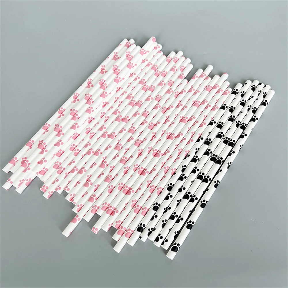 

10pcs/lot Cat paw Theme Paper Straws For Baby Shower Wedding Party Kids Birthday Cupcake Flags Decoration Paper Drinking Straws