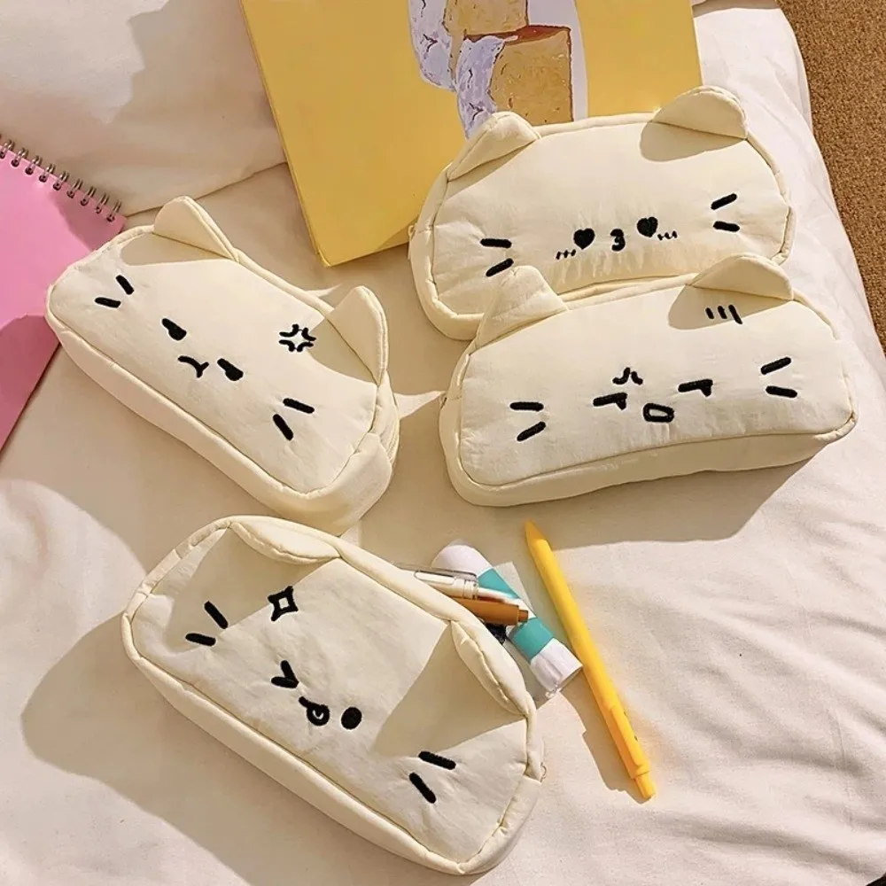 Funny Embroidered Cat Pencil Case Kawaii Cartoon Stationery Storage Bag Large Capacity Cute Kitty Stationer Bag Student Use