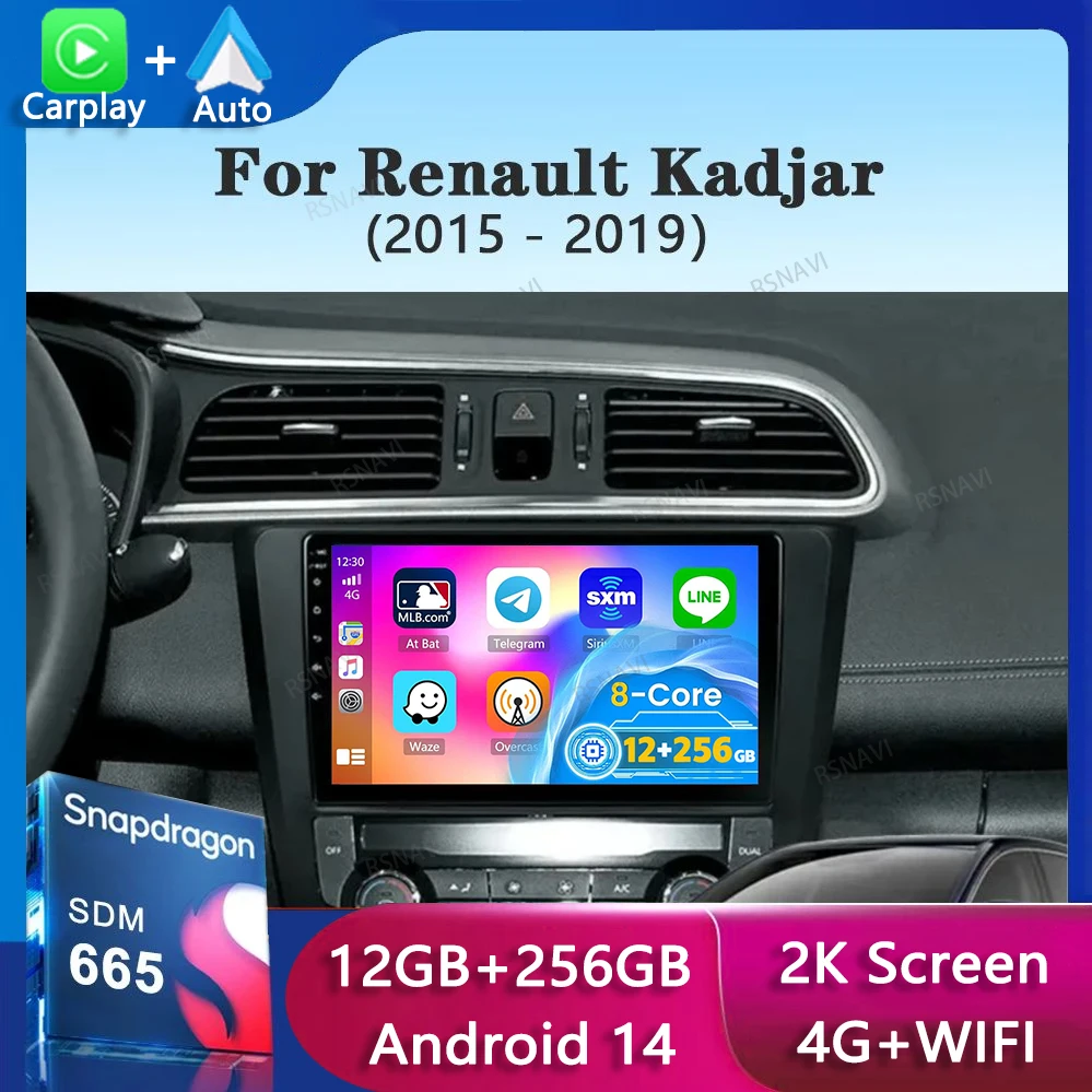 

Автомобильный радиоприемник Android 14 для Renault Kadjar 2015-2019, навигация, GPS, мультимедийный видеоплеер, стерео Wi-Fi + 4G Carplay auto 2 DIN DVD