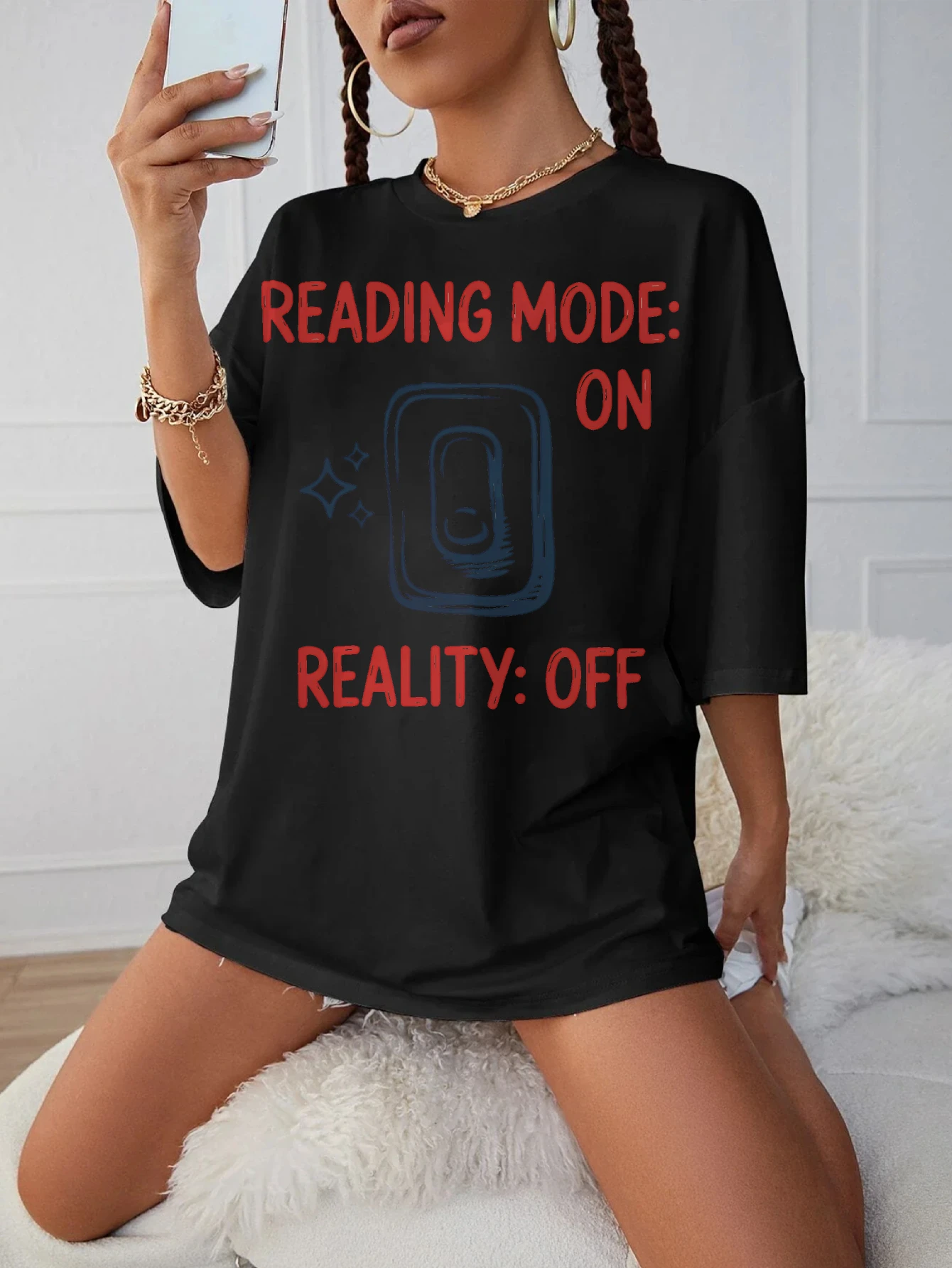 

reading mode on reality off Comfortable Black T-Shirt Women's Loose Fit Round Neck Ideal Maternity Wear for Late Pregnancy