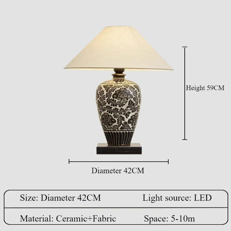 SANDYHA Chinese Retro Ceramic Desk Lamp for Bedroom Bedside Lamps Dining Table Lighting Living Room Decor Fabric Lampshade 2024