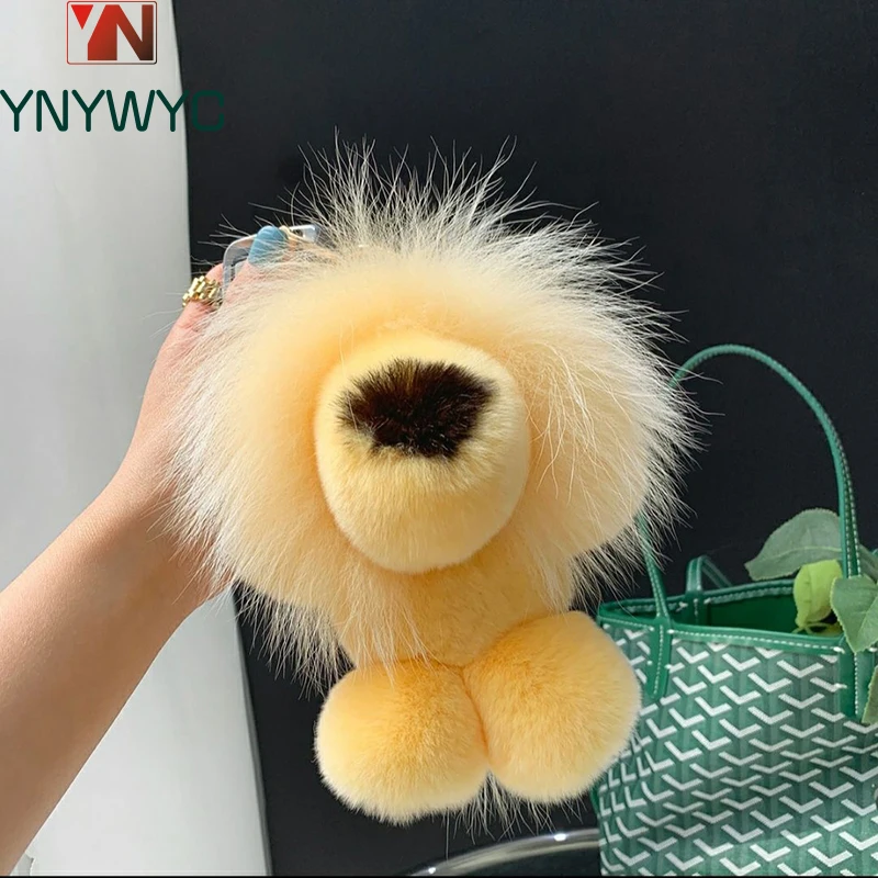 

Luxury Real Rex Rabbit Fur Lion Pendant Keychain Women Cute Plush Doll Toy Kids Trinkets Bag Car Keyring Ornament Birthday Gift