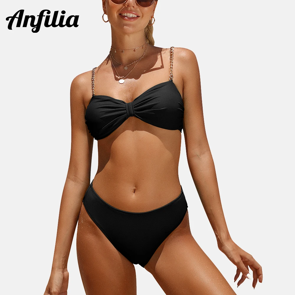 Anfilia damska Twist Bandeau Bikini Sexy dwuczęściowe kostiumy kąpielowe złoty łańcuch pasek na ramię jędrny pośladek stroje kąpielowe