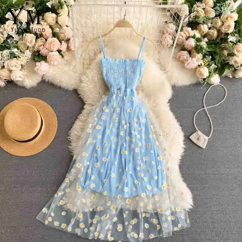 Moda coreana margarida flor impressão malha vestido de festa verão duas camadas cinta espaguete férias midi vestido praia vestidos