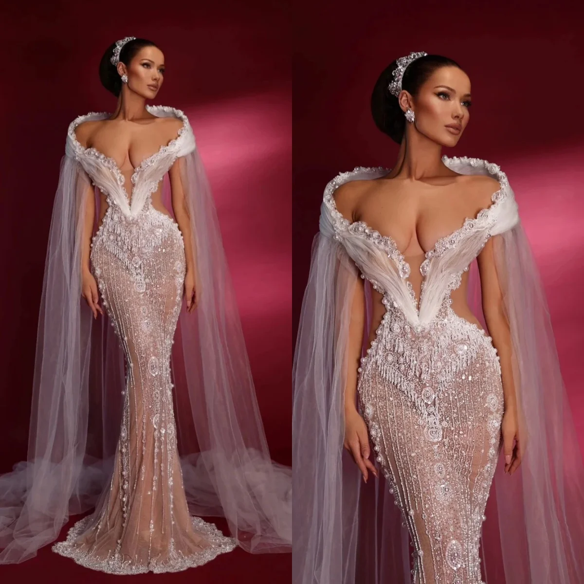 絶妙なディープ V ネックマーメイドウェディングドレスファッションノースリーブクリスタルブライダルドレスフロアレングススパンコール花嫁ドレスカスタマイズ