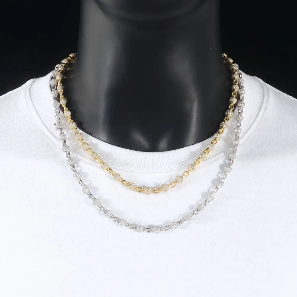 

HHIOK New 6mm Round Bead Necklace Chilled 5A Cubic Zirconia 18k Gold Plated Hip Hop Style Men's and Women's Jewelry Necklace