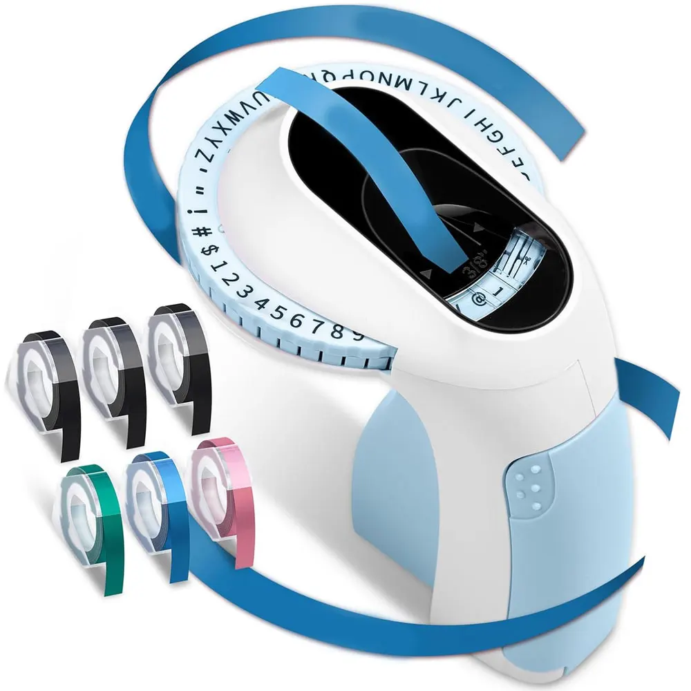 E975 manual label printer, includes 6 rolls of label tape, 3D embossed label printer, portable label printer.