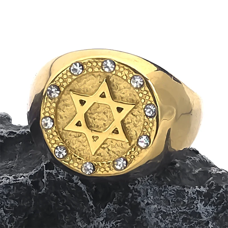 Hexagram Jerusalem Star of David Hebrew Rings for Men Women Stainless Steel Gold Color Israel Jewish Ring Jewelry RRR542S02