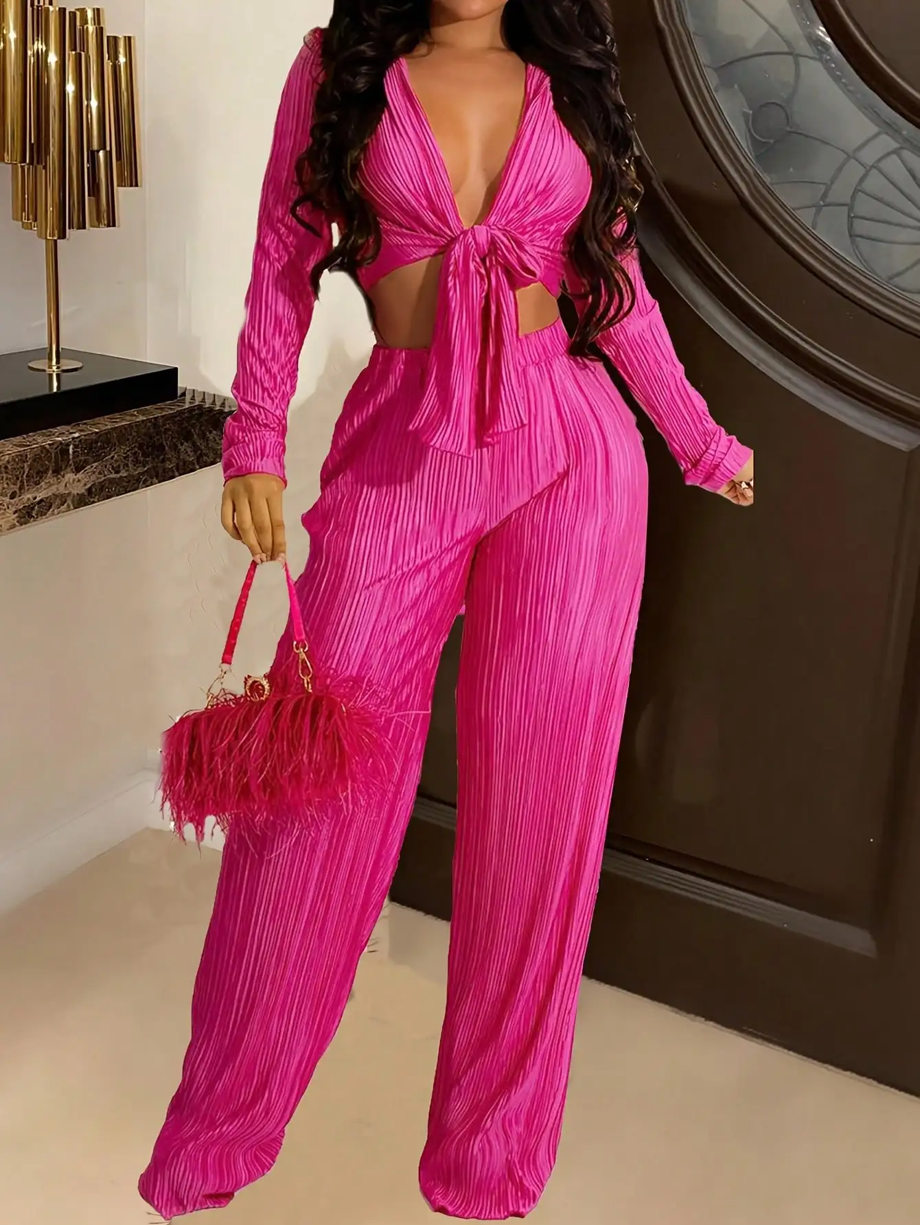 Hot Pink Pleated 2-Piece Set: V-Neck Wrap Crop Top & Wide Leg Pants