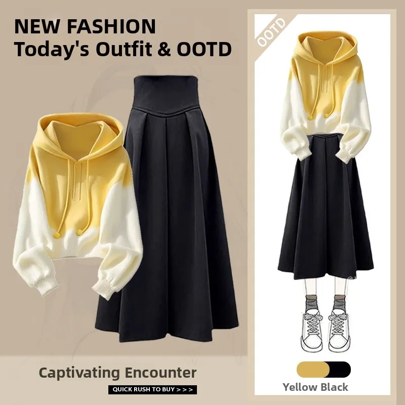 

Sweet Style Women's Outfit High Waist Skirt Set Long Sleeve Hoodie Top And Skirt Two Piece Set Autumn Fashion Ensemble