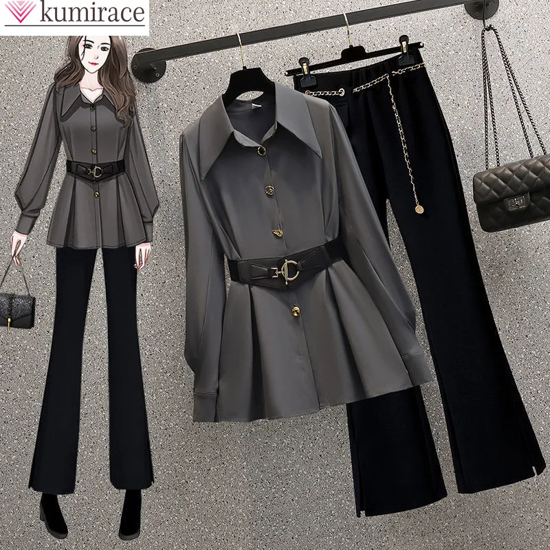 Korean Fashion Elegant Women's Pants Suit Casual Chiffon Shirt Personalized Waist Chain Trousers Two-piece Set Female Blazer