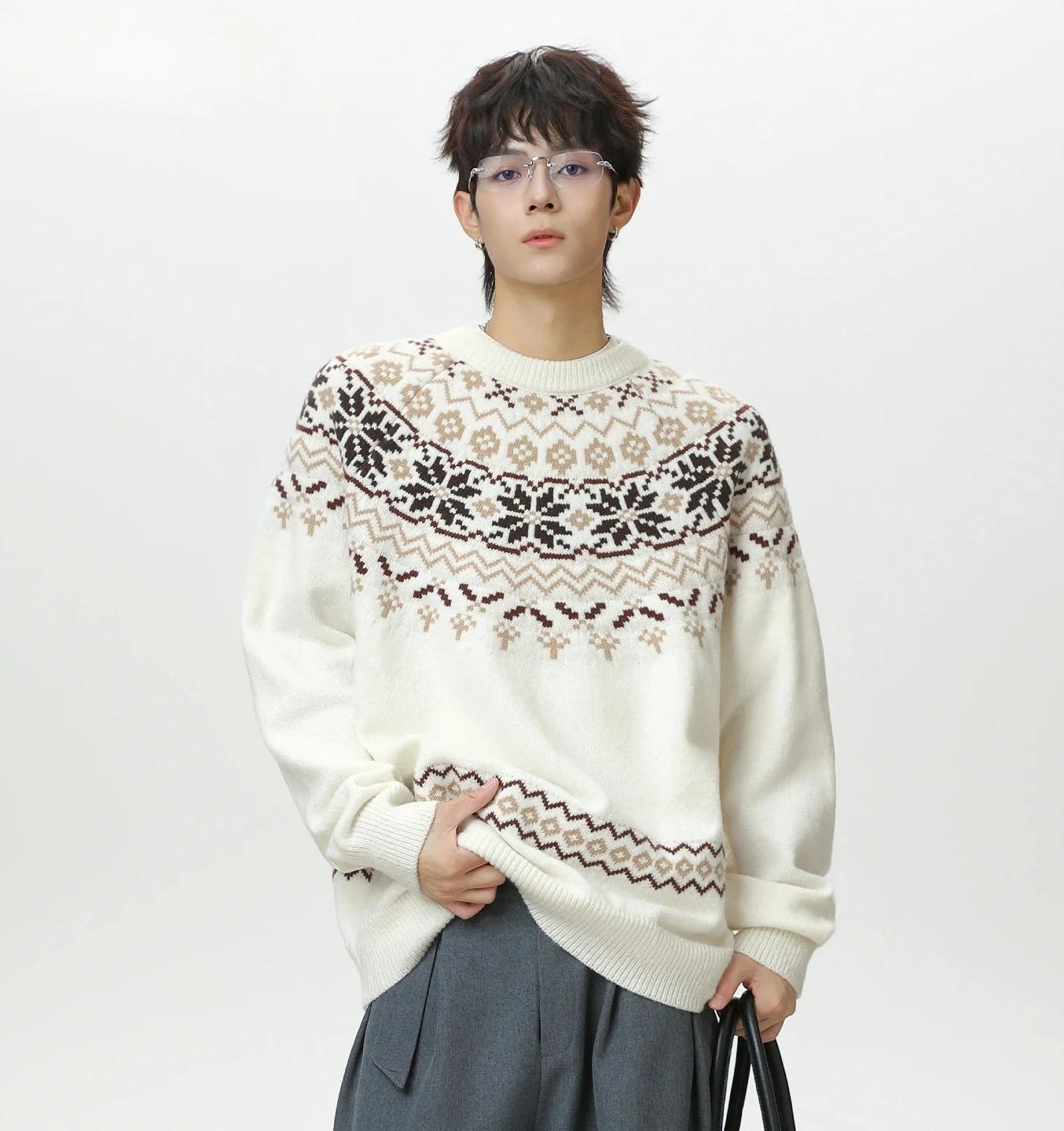 

Men's Christmas Sweater Fair Isle Pattern, Vintage American Oversized Pullover, Cozy Textured Knit Crewneck Top