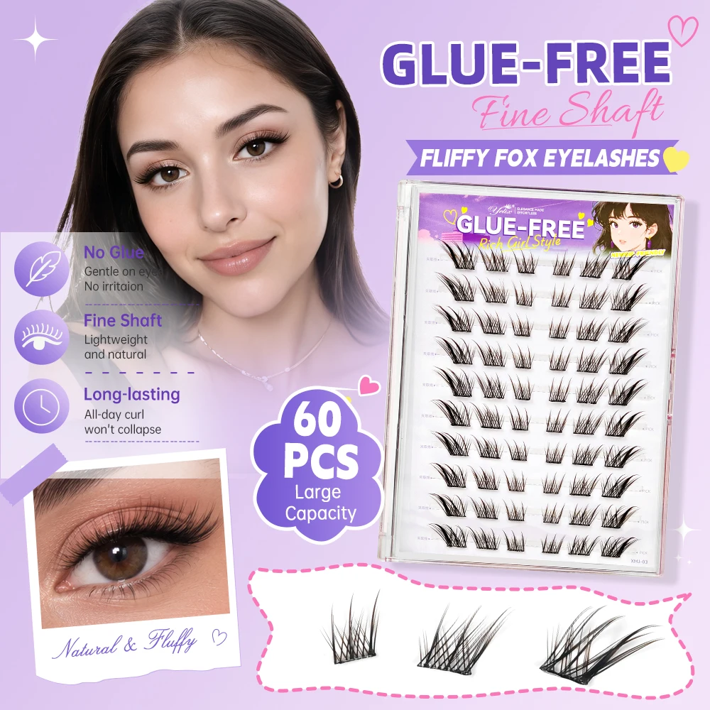 Yelix Kleberfreie Cluster-Wimpern im Fox-Look, Natürlich Flauschig, Feiner Schaft, Großhandel für Schönheitssalons, Lieferanten, Make-up-Profis – Detail 2
